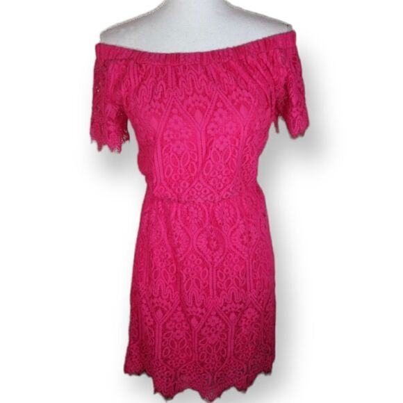MAURICES HOT PINK OFF-THE-SHOULDER LACE DRESS SZ.M EUC LIKE NEW - Picture 1 of 9